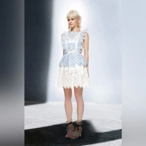 Self-Portrait Embroidered Frill Mini Dress Pockets White Baby Blue Women US 6 - Picture 14 of 15